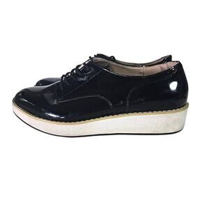 Steve Madden Patent Leather Black Loafers Shoes10M Wedge Chunky Heel Academia